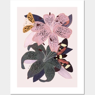 Lily flowers and butterflies Posters and Art